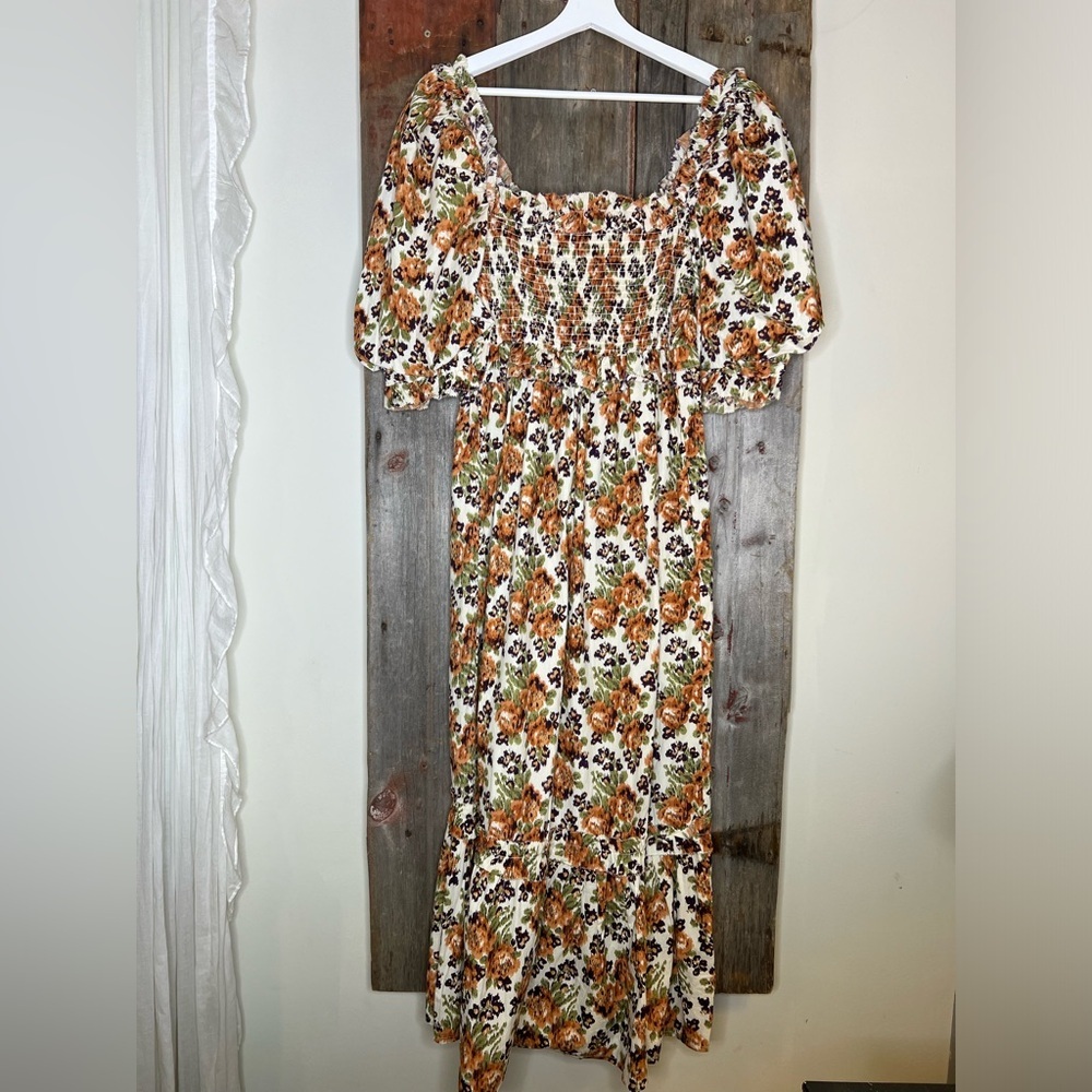 Anthropologie Love the Label Fall Floral Puff Sleeve Midi Dress Brown Cream M - Picture 8 of 14
